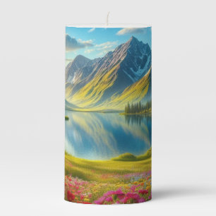 Colorful spring/floral mountain lake pillar candle
