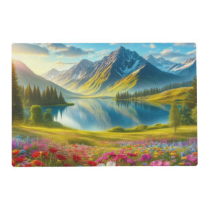 Colorful spring/floral mountain lake placemat