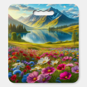 Colorful spring/floral mountain lake seat cushion
