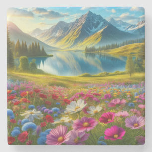 Colorful spring/floral mountain lake stone coaster