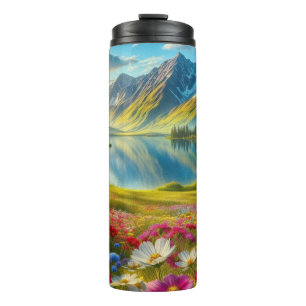Colorful spring/floral mountain lake thermal tumbler