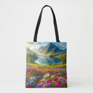 Colorful spring/floral mountain lake tote bag