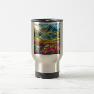 Colorful spring/floral mountain lake travel mug