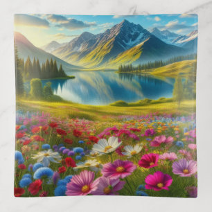 Colorful spring/floral mountain lake trinket tray