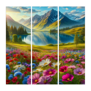 Colorful spring/floral mountain lake triptych