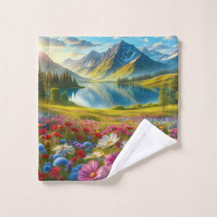 Colorful spring/floral mountain lake wash cloth