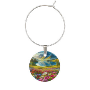 Colorful spring/floral mountain lake wine charm