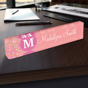 Colorful Spring Floral Pattern Custom Monogram Desk Name Plate