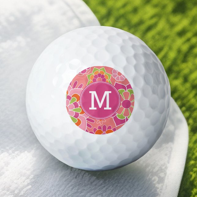 Colorful Spring Floral Pattern Custom Monogram Golf Balls (Personalized Golf Ball - colorful spring flowers with monogram)
