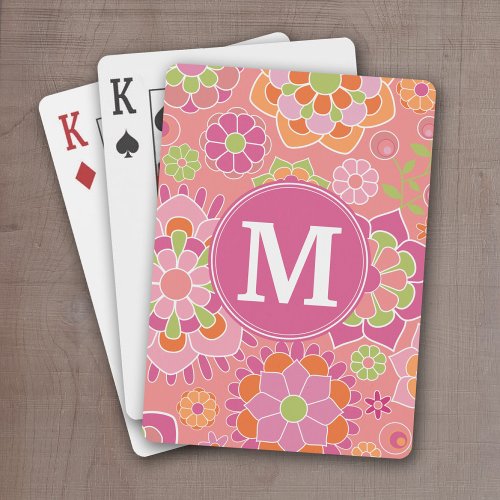Colorful Spring Floral Pattern Custom Monogram Poker Cards