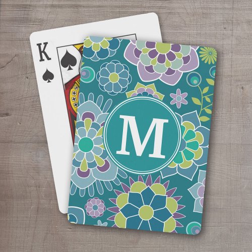 Colorful Spring Floral Pattern Custom Monogram Poker Cards