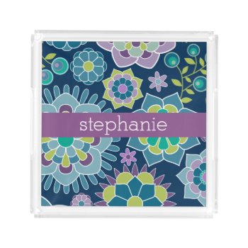 Colorful Spring Floral Pattern Custom Name Acrylic Tray by MarshBaby at Zazzle