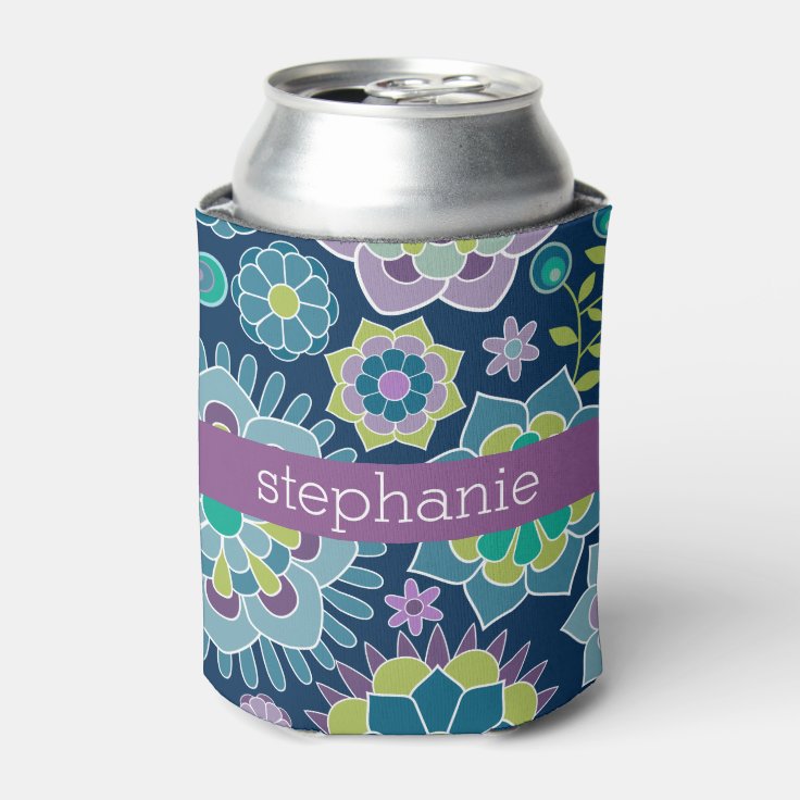 Colorful Spring Floral Pattern Custom Name Can Cooler | Zazzle