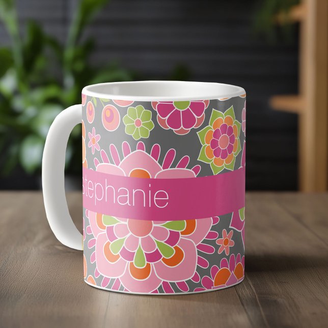 Colorful Spring Floral Pattern Custom Name Coffee Mug (Custom Monogram Mug)