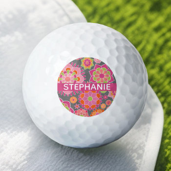 Colorful Spring Floral Pattern Custom Name Golf Balls by MarshBaby at Zazzle