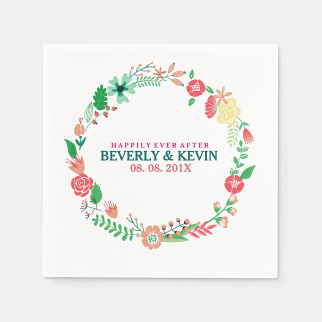 Colorful Spring Floral Wedding Wreath Paper Napkins (Front)