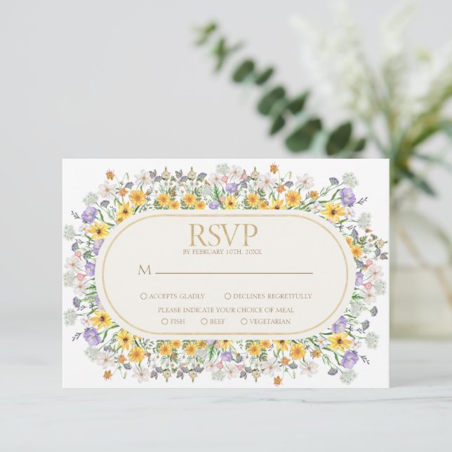 Colorful Spring Floral Wildflower Garden Wedding RSVP Card (Standing Front)