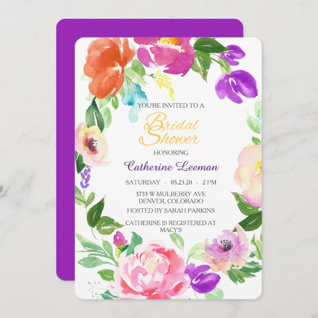 Colorful Spring Floral Wreath Bridal Shower Invite (Front/Back)