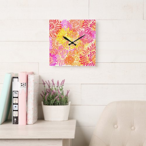 Colorful Spring Flower Print Square Wall Clock