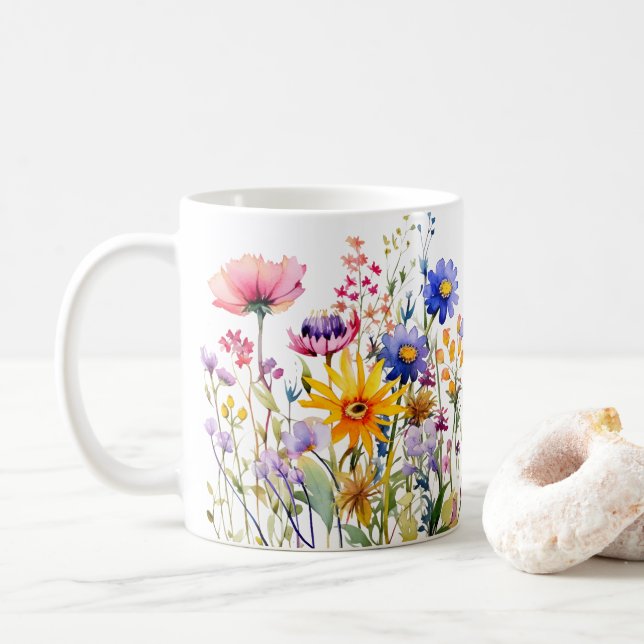 Colorful Spring Flower Watercolor Pattern Coffee Mug (With Donut)