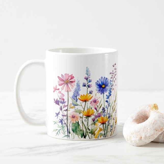 Colorful Spring Flower Watercolor Pattern Coffee Mug (With Donut)