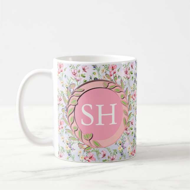 Colorful Spring Flower Watercolor Pattern Monogram Coffee Mug (Left)