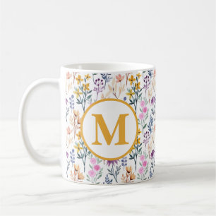 Colorful Spring Flower Watercolor Pattern Monogram Coffee Mug