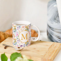 Colorful Spring Flower Watercolor Pattern Monogram Coffee Mug
