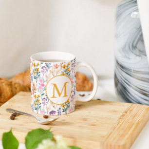 Colorful Spring Flower Watercolor Pattern Monogram Coffee Mug
