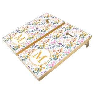 Colorful Spring Flower Watercolor Pattern Monogram Cornhole Set