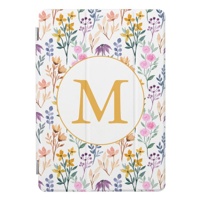 Colorful Spring Flower Watercolor Pattern Monogram iPad Pro Cover (Front)