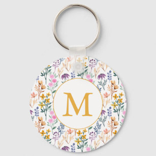 Colorful Spring Flower Watercolor Pattern Monogram Keychain