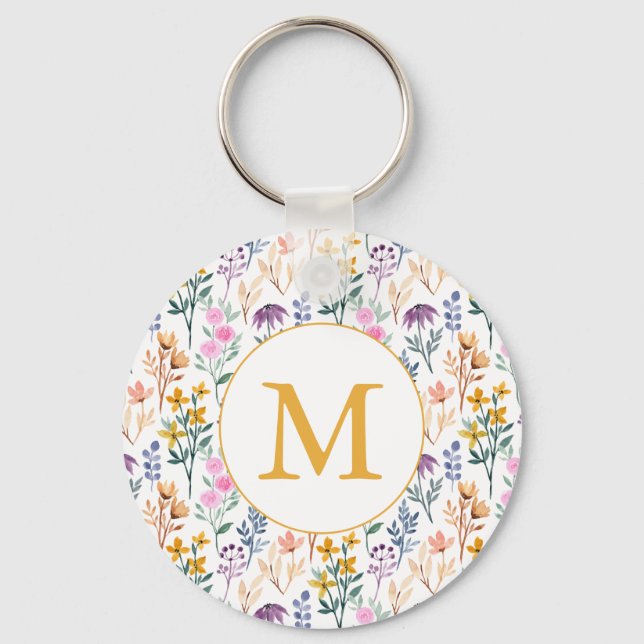Colorful Spring Flower Watercolor Pattern Monogram Keychain (Front)