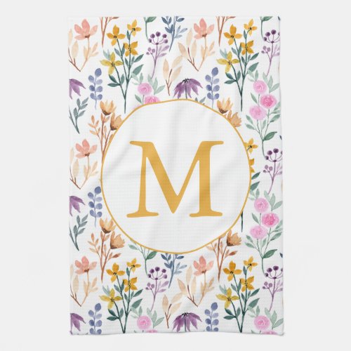 Colorful Spring Flower Watercolor Pattern Monogram Kitchen Towel