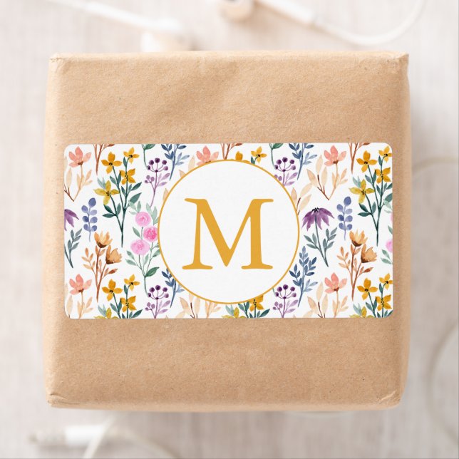Colorful Spring Flower Watercolor Pattern Monogram Label (Insitu)