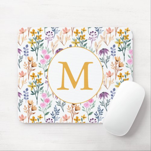 Colorful Spring Flower Watercolor Pattern Monogram Mouse Pad