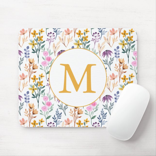 Colorful Spring Flower Watercolor Pattern Monogram Mouse Pad (With Mouse)