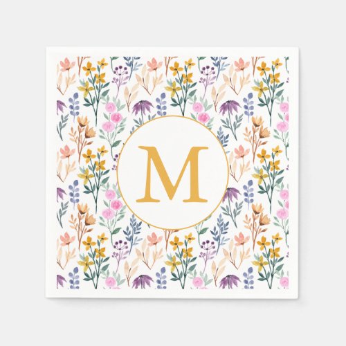 Colorful Spring Flower Watercolor Pattern Monogram Napkins