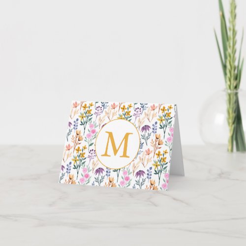 Colorful Spring Flower Watercolor Pattern Monogram Note Card