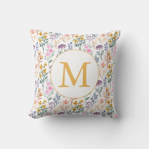 Colorful Spring Flower Watercolor Pattern Monogram Outdoor Pillow