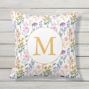 Colorful Spring Flower Watercolor Pattern Monogram Outdoor Pillow