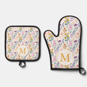 Colorful Spring Flower Watercolor Pattern Monogram Oven Mitt & Pot Holder Set