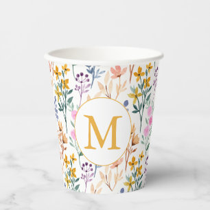 Colorful Spring Flower Watercolor Pattern Monogram Paper Cups