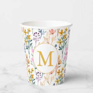 Colorful Spring Flower Watercolor Pattern Monogram Paper Cups