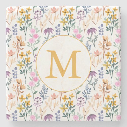 Colorful Spring Flower Watercolor Pattern Monogram Stone Coaster