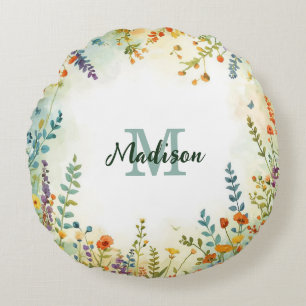 Colorful Spring Flower Wildflower Bouquet Monogram Round Pillow