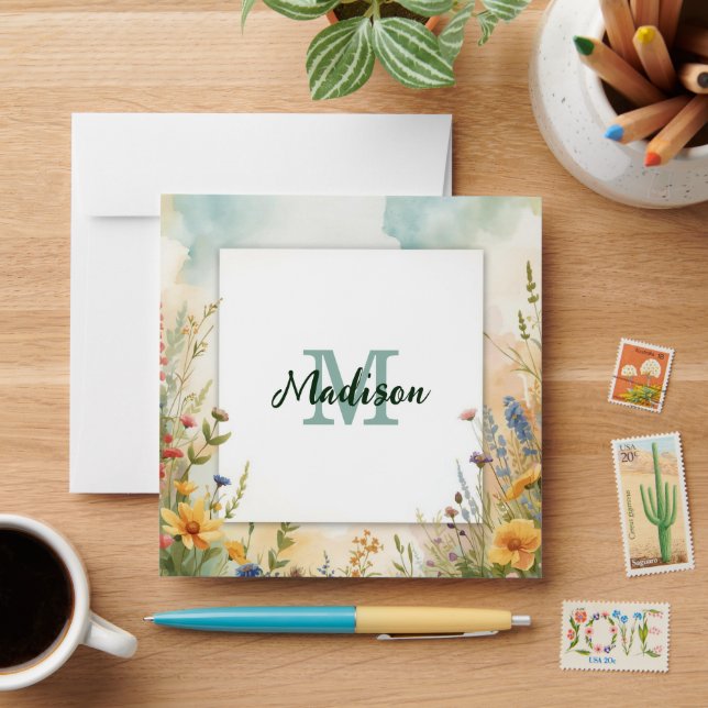 Colorful Spring Flower Wildflower Monogram Frame Envelope (Desk)