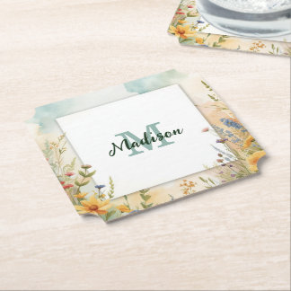 Colorful Spring Flower Wildflower Monogram Frame Paper Coaster