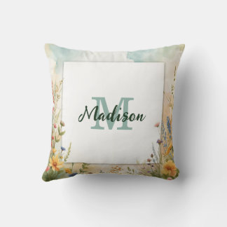 Colorful Spring Flower Wildflower Monogram Frame Throw Pillow
