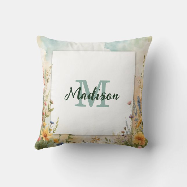 Colorful Spring Flower Wildflower Monogram Frame Throw Pillow (Back)